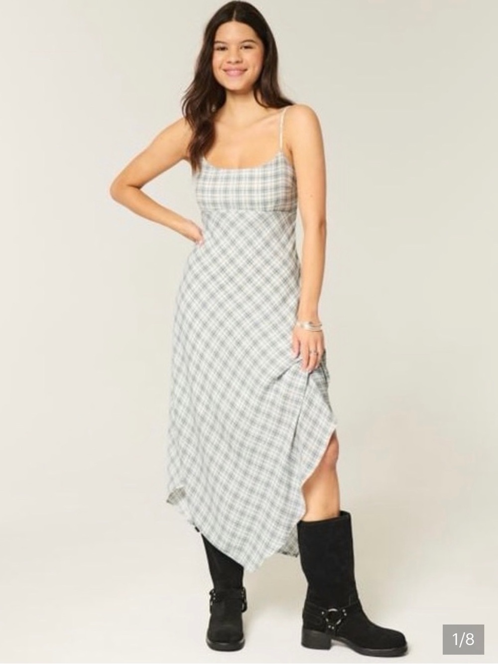 Hollister Light Blue and White Plaid Spaghetti-Strap Midi Dress